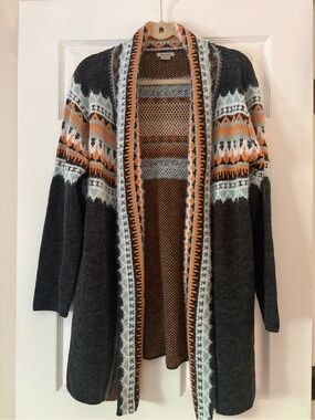 NWOT Anama Charcoal Open-Front Cardigan with Orange & Cream Accents